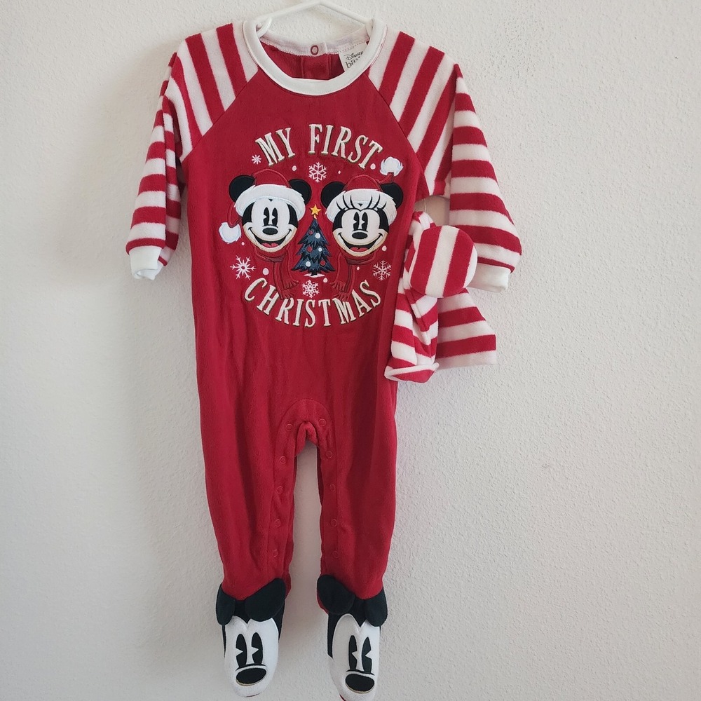 DISNEY Baby MY FIRST CHRISTMAS Mickey Minnie Fleece One piece Sleeper Size 12 MO